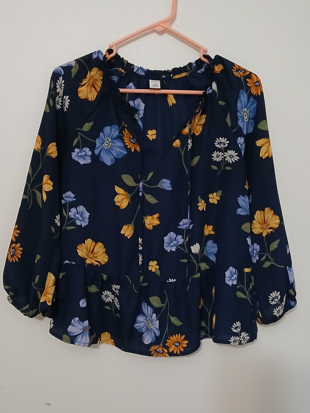 Old Navy Navy Floral Peasant Blouse - Blue & Yellow